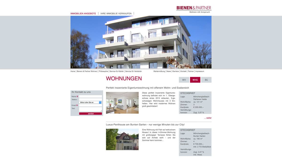 Bienen & Partner, Wohnungen - Webdesign für Immobilienangeobte Webdesign für Immobilienangeobte - Bienen & Partner, Wohnungen