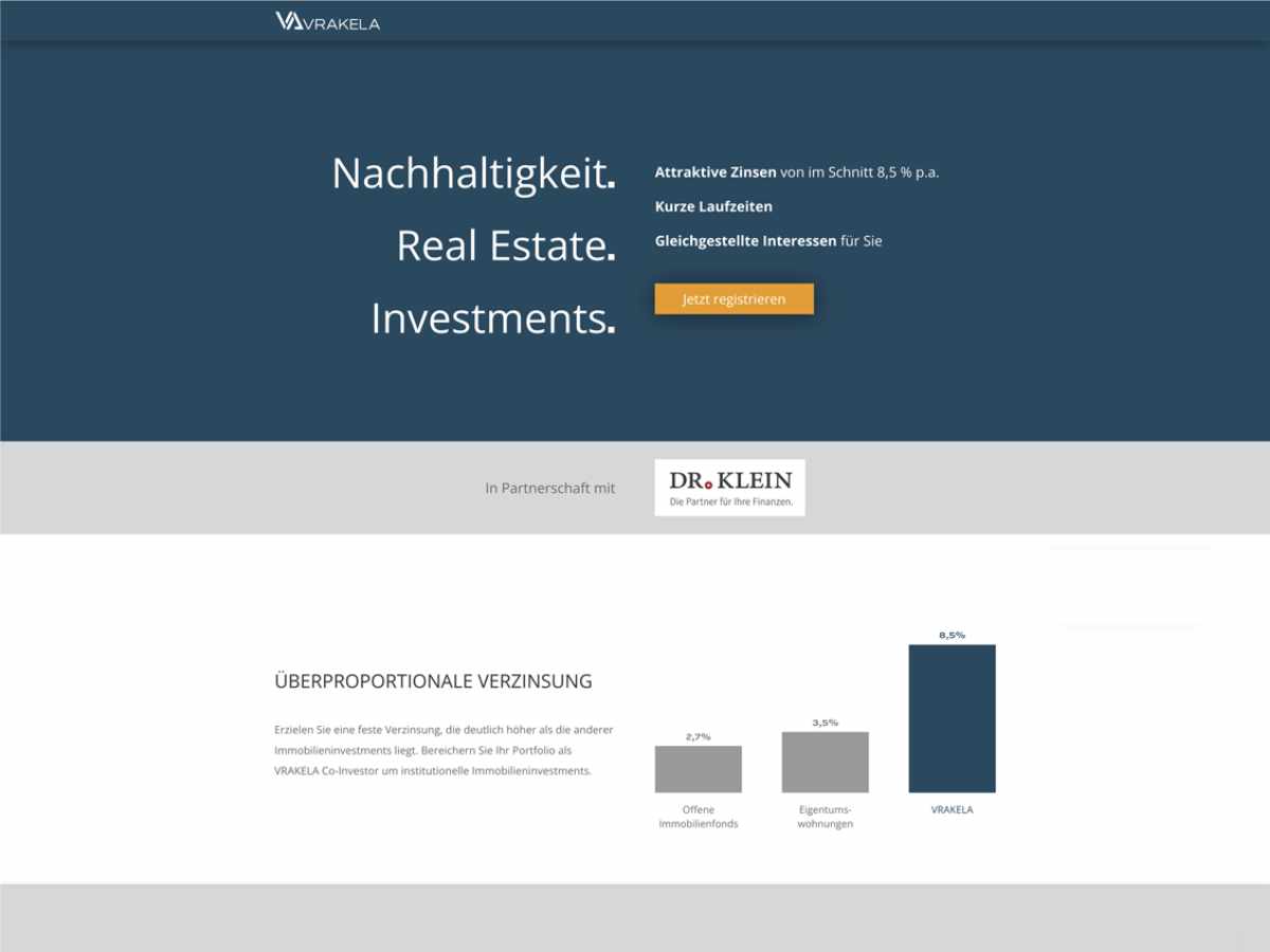Webdesign Beispiel für unkomplizierten Zugang zu hochwertigen Immobilieninvestments - Vrakela Asset Management